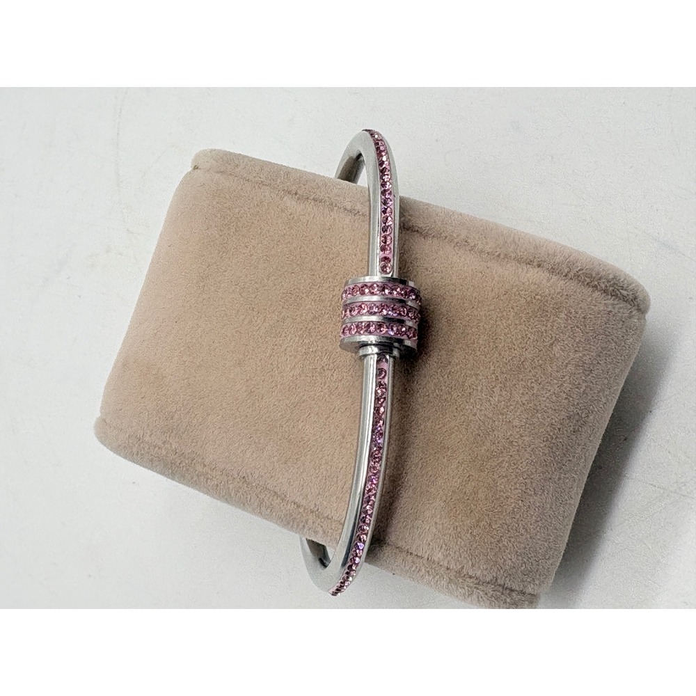 Silver Tone Pink Crystal Hinged Bangle Bracelet Oval Bypass Pavé Sparkly